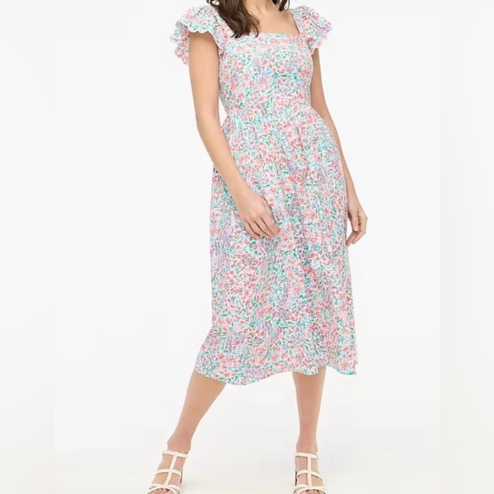 J. Crew Pink and Green Floral Midi Dress